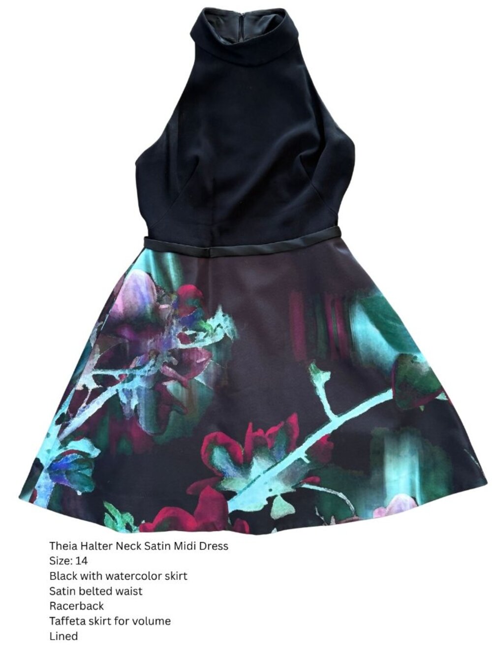 Theia Women’s Halter Midi Dress Size 14 Black Watercolor Floral Satin Cocktail